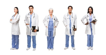diverse group of nursing professionals standing together in their white coats