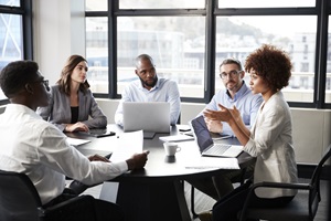 diverse group of professionals having a discussion at a conference table