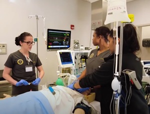 three healthcare workers studying the administration of anesthesia in a hospital room setting