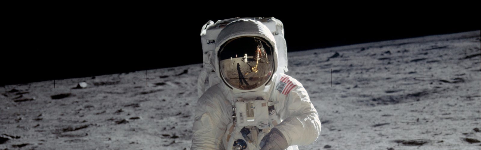 Astronaut Buzz Aldren in space suit on moon surface during Apollo 11 moon landing